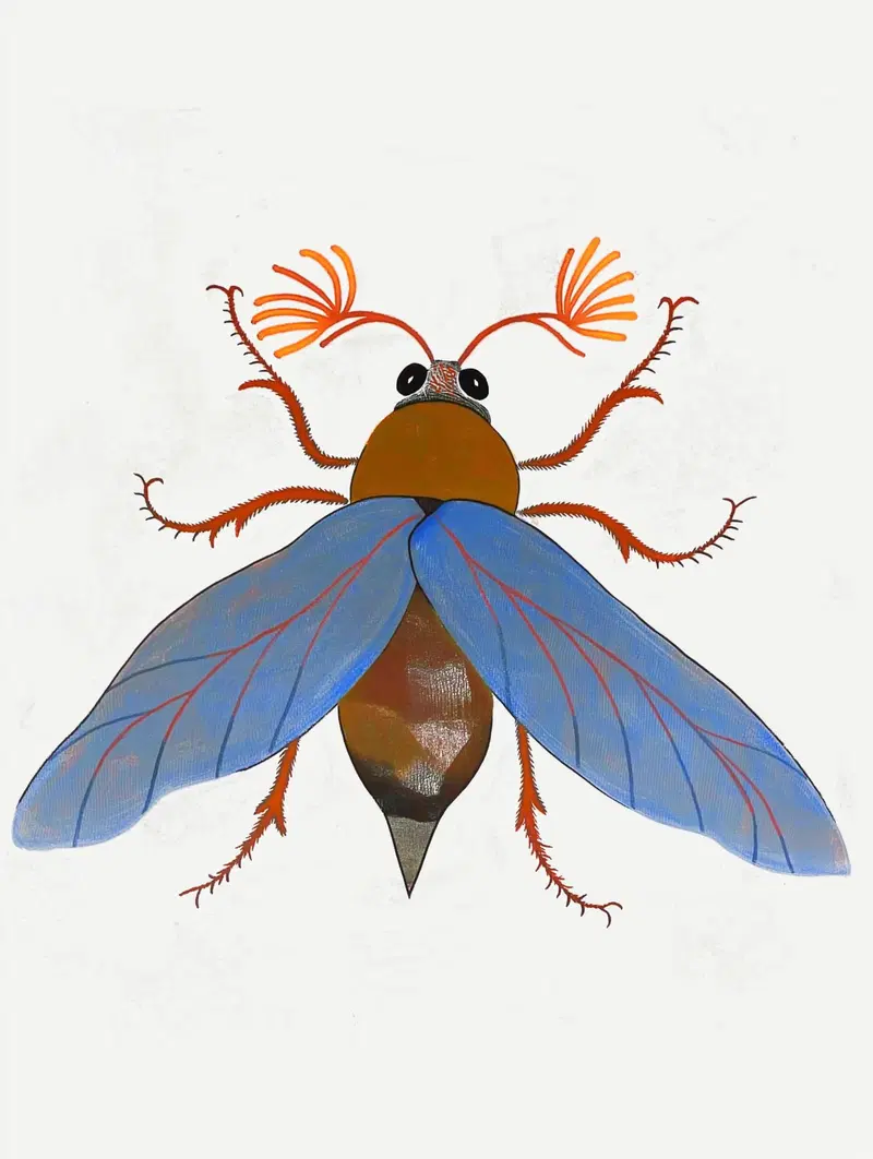 Detailed illustration of a colorful insect with blue wings and orange antennae