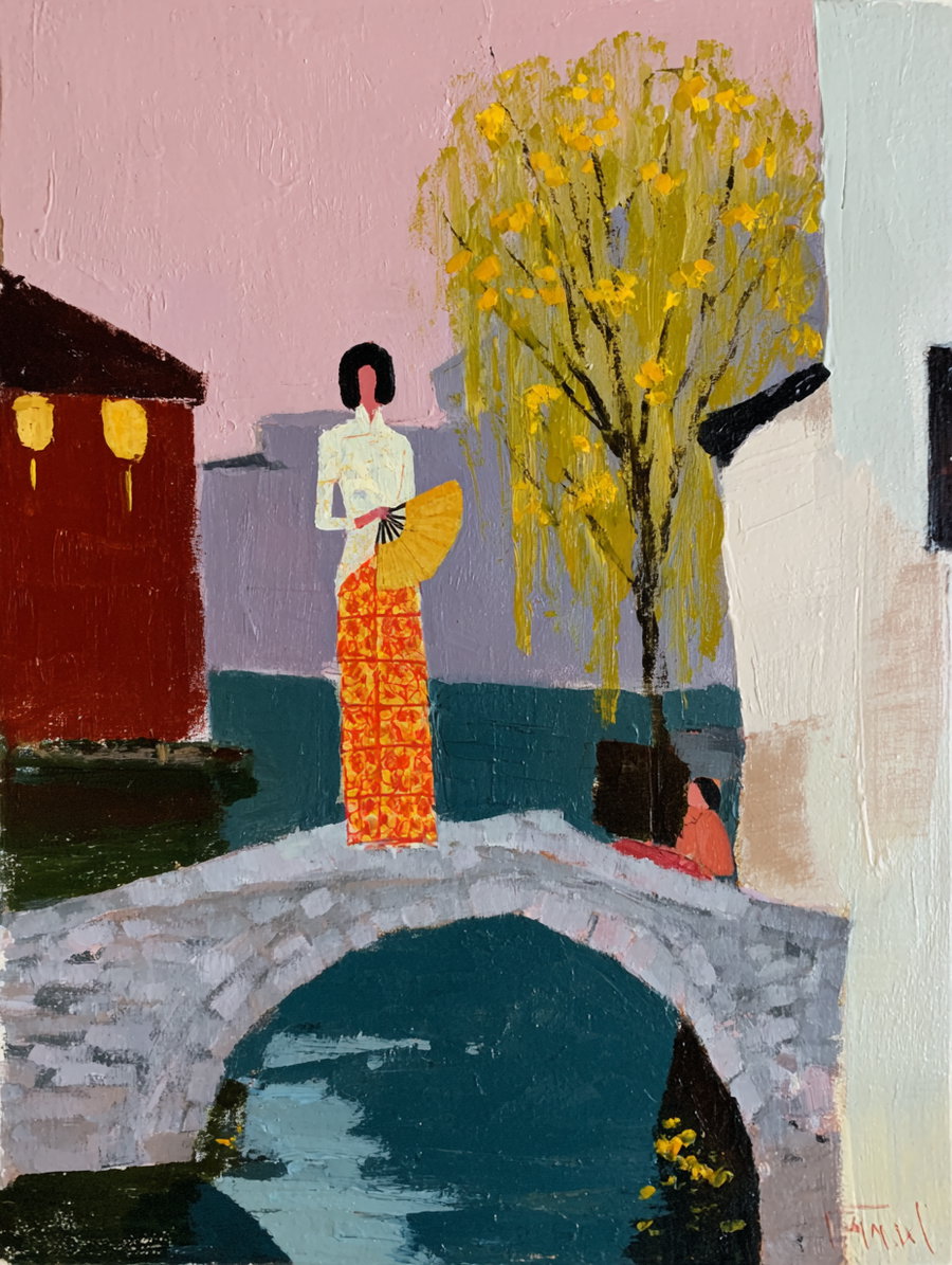 An artistic, textured painting showing a woman in a white top and patterned orange skirt holding a yellow fan, standing on a stone bridge over water. A yellow-leaved tree stands beside her, and a small child sits on the bridge near a white building.