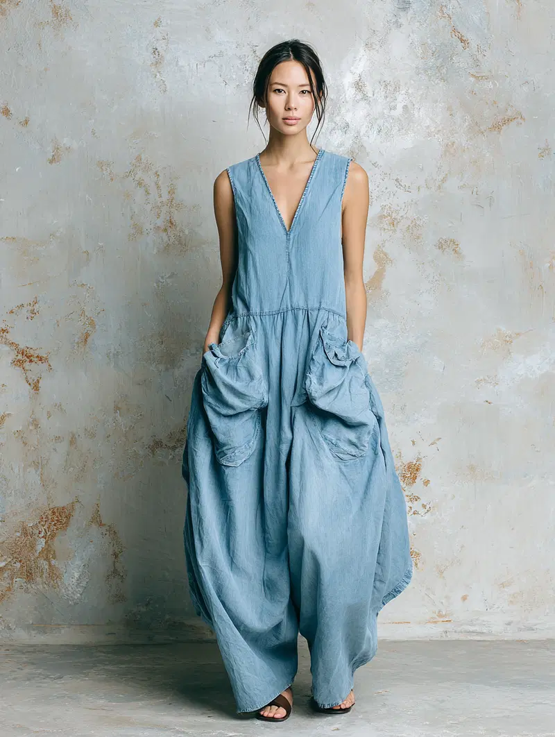 Fashion portrait of a woman wearing a loose blue denim jumpsuit with large pockets