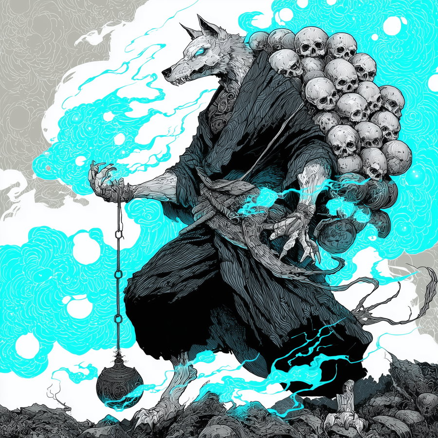 Illustration of a dark fantasy humanoid creature with a wolf head wearing black robes, surrounded by glowing blue flames and carrying numerous skulls on the back, standing on a pile of skulls and bones.
