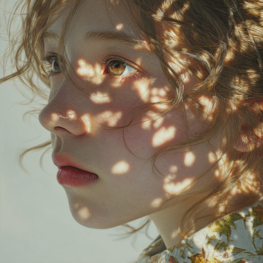 Very detailed close-up portrait of a young woman with curly hair and warm light patterns on her face and neck, wearing a floral garment