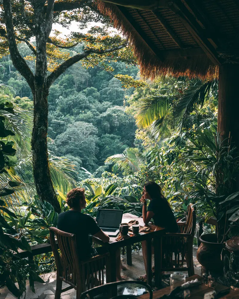 Cozy outdoor workspace surrounded by lush green tropical forest foliage