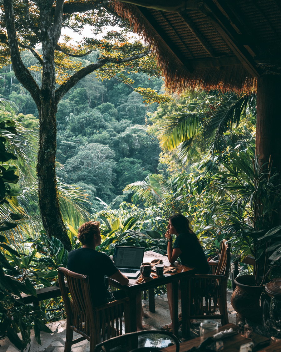 Two people sitting at a wooden table with a laptop and drinks on a covered porch overlooking dense tropical forest trees and plants