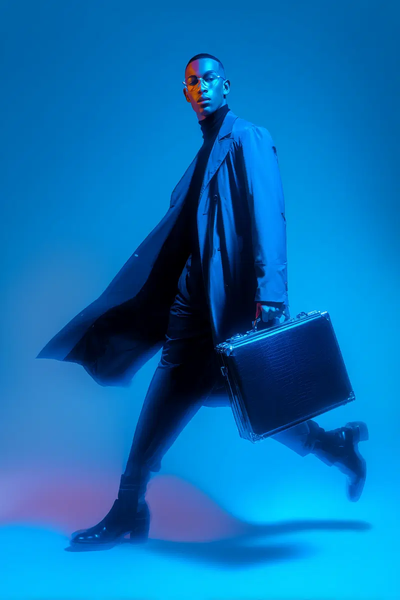Stylish man in black coat and glasses posing with briefcase in blue light