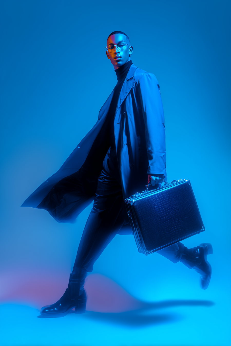A fashionable man wearing a black turtleneck, coat, and shiny boots, holding a briefcase and posing dynamically against a blue background with soft lighting.