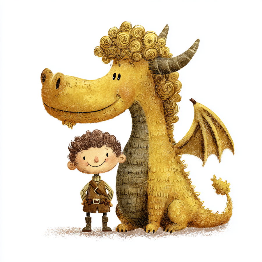 A cute fantasy art image showing a smiling young boy with curly hair standing beside a large golden dragon with curly mane and wings, both facing forward on a white background