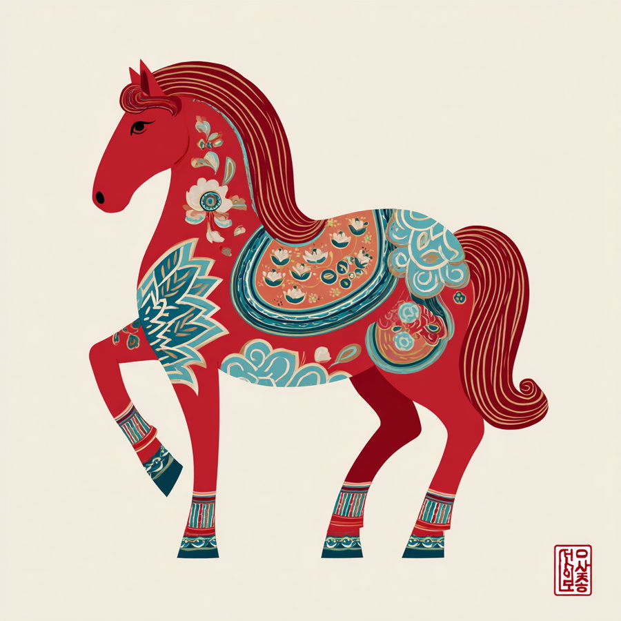 A red horse with a raised front leg, decorated with intricate floral and ornamental patterns in blue, white, and orange colors, standing on a light beige background.