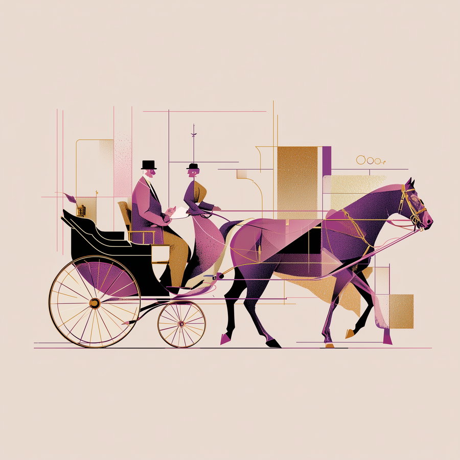 Abstract digital illustration of a vintage horse-drawn carriage with a man and woman seated inside, featuring geometric shapes and purple, gold, and black colors.