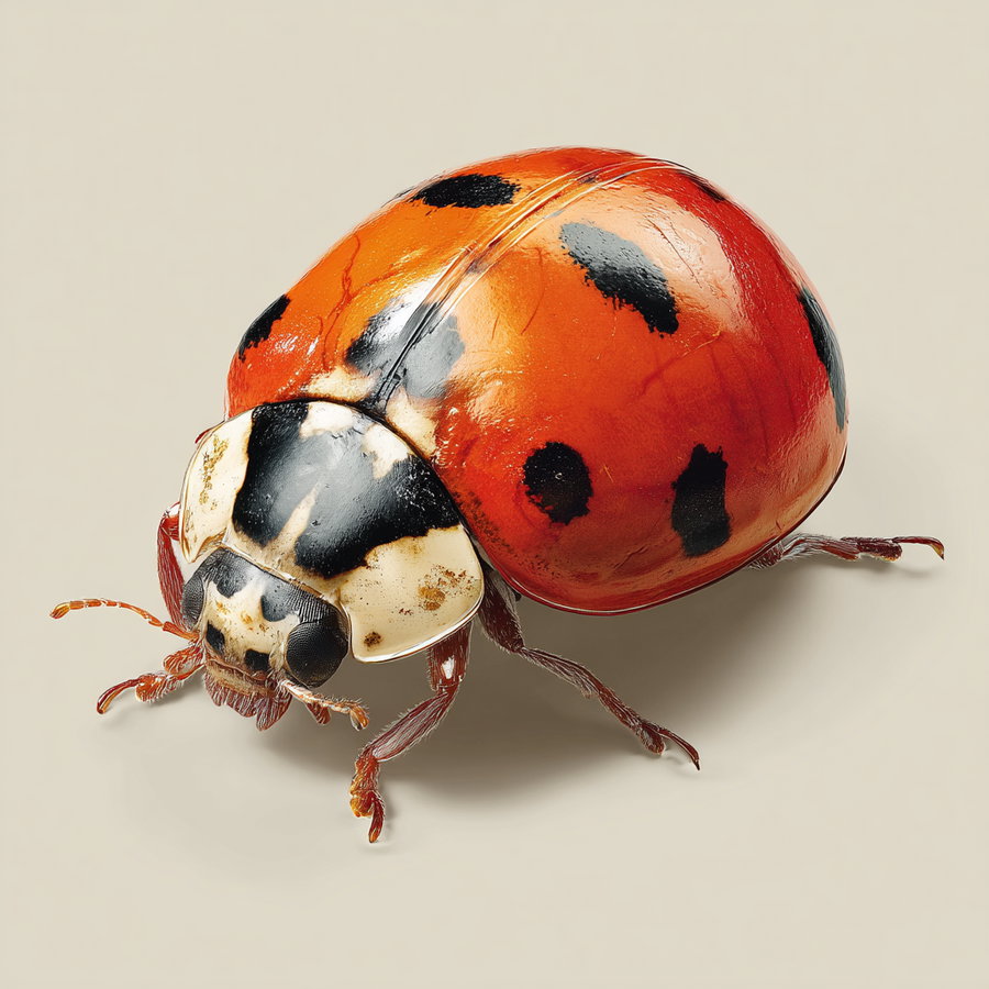 A close-up image of a ladybug with bright orange wings and black spots on a light beige background