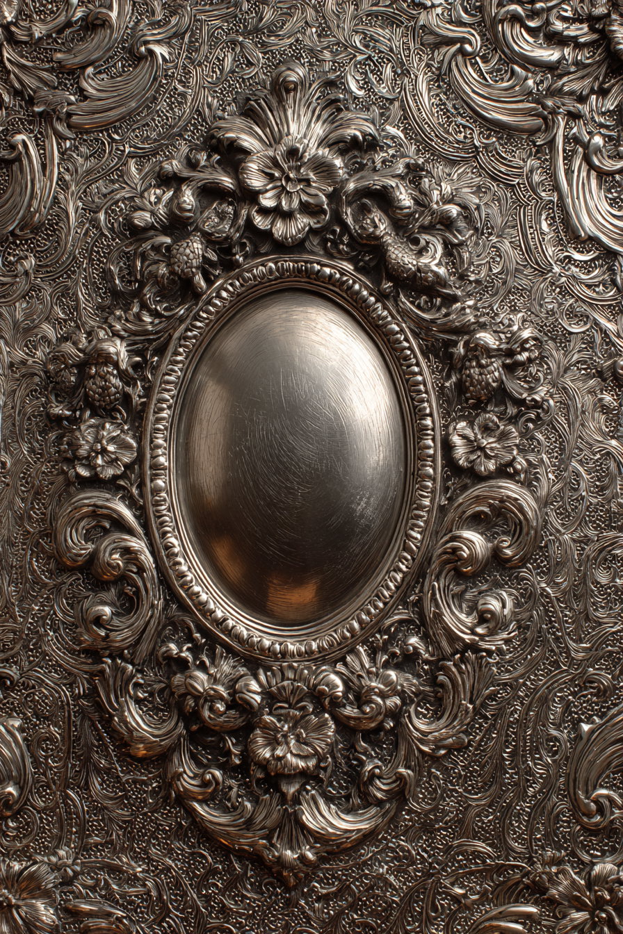 A close-up view of an ornate metallic surface featuring an oval center surrounded by intricate floral and scroll relief patterns with a rich texture