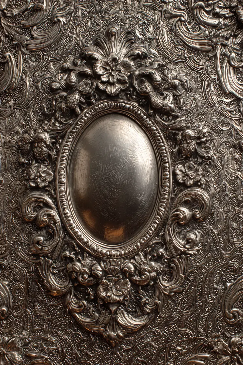 Detailed close-up of ornate metallic floral and scroll relief pattern