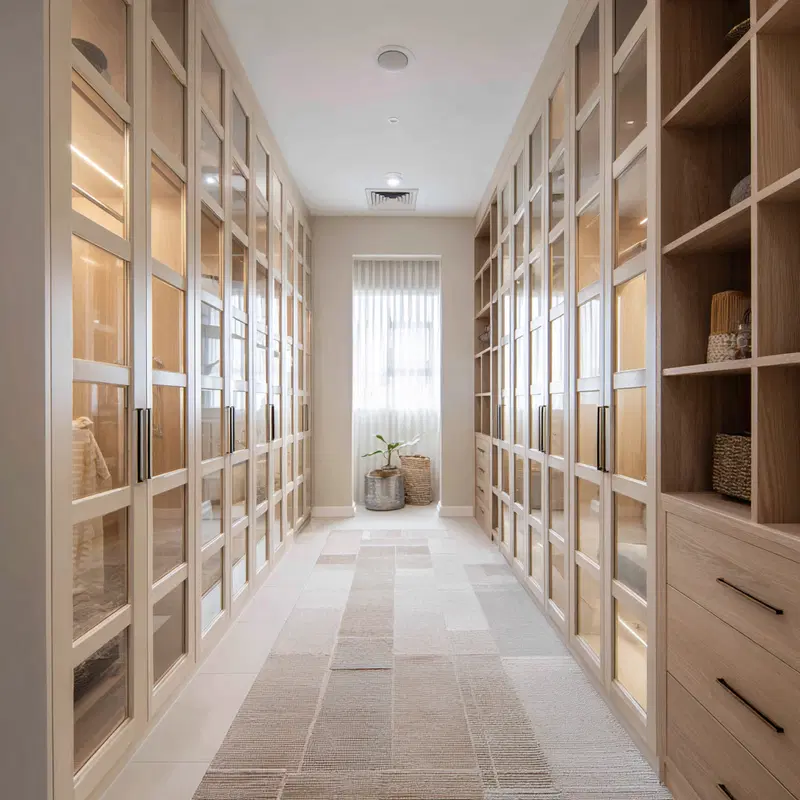 Bright spacious walk-in closet with wooden cabinets and glass doors