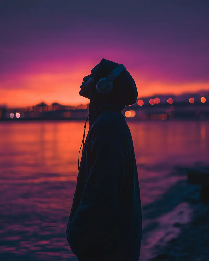 Silhouette of a man in a hoodie with headphones by waterfront during vibrant sunset