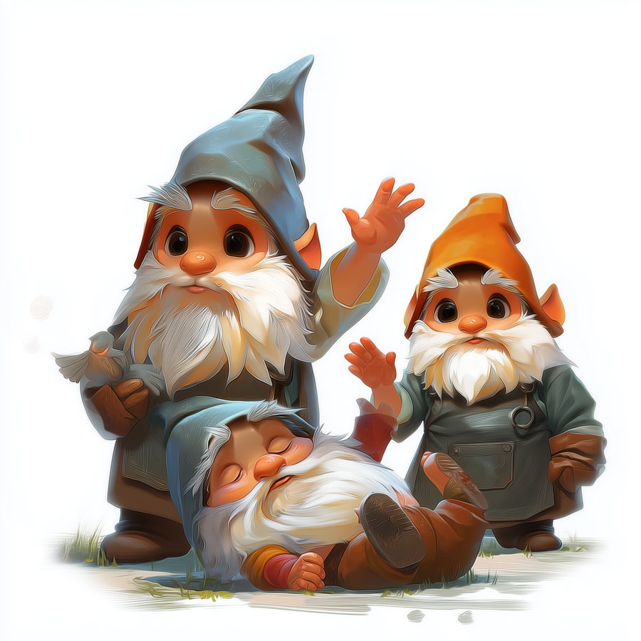 Three digital fantasy gnome characters with large hats, white beards, and colorful outfits; one is waving standing with a bird, one is lying down sleeping, and one is waving standing on a white background