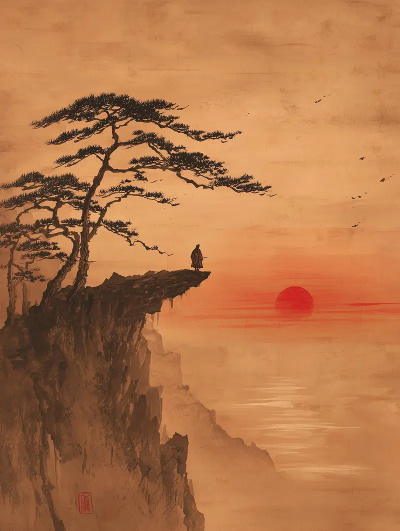 A lone samurai stands on a cliff at sunset with birds flying overhead