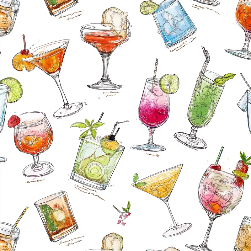 Illustration of various colorful cocktail drinks on white background
