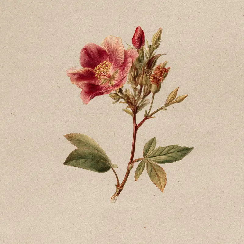 Detailed botanical illustration of a pink rose with buds and leaves