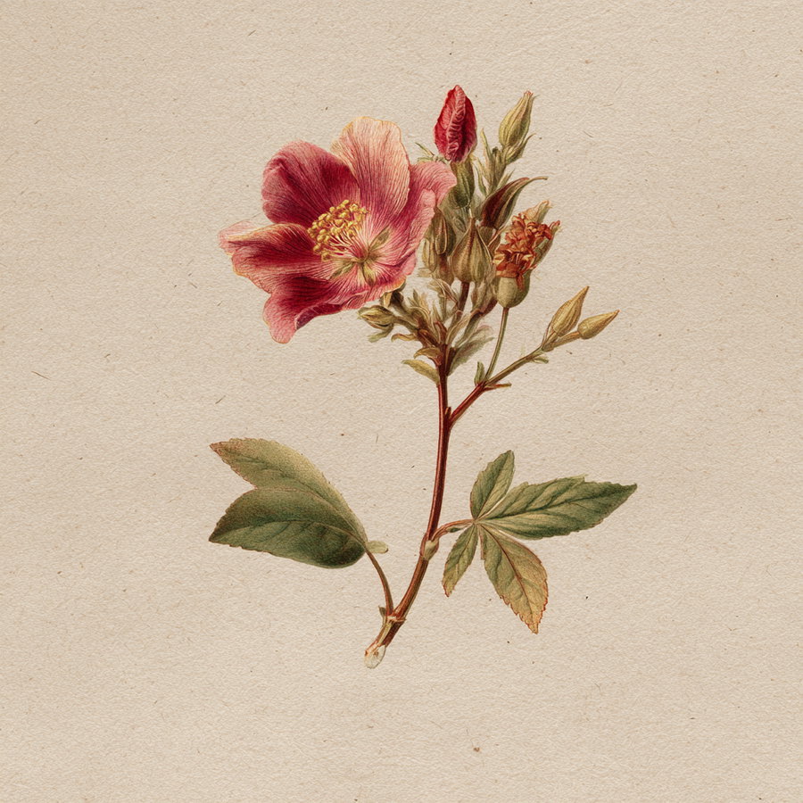 A detailed botanical illustration of a pink rose flower with several buds and green leaves on beige textured paper background