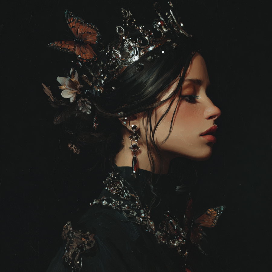 Side profile of a woman with dark hair styled with a crown, butterflies, and intricate jewelry against a black background