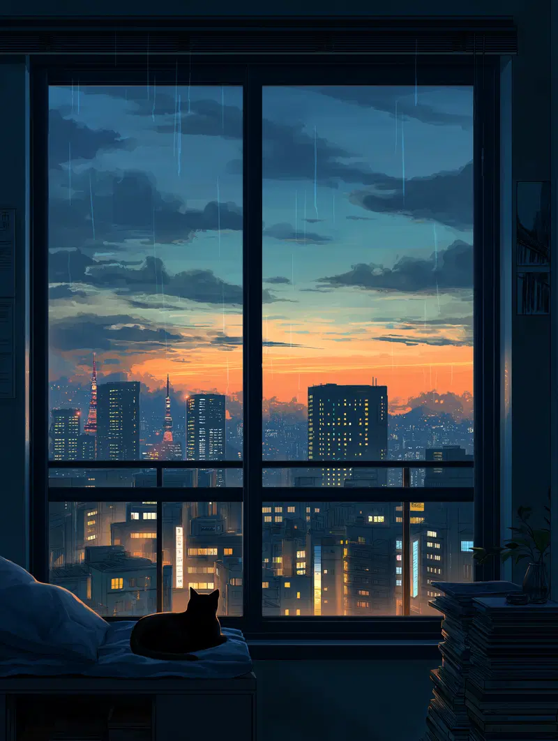 A cozy room interior with a cat by the window overlooking a rainy cityscape at sunset