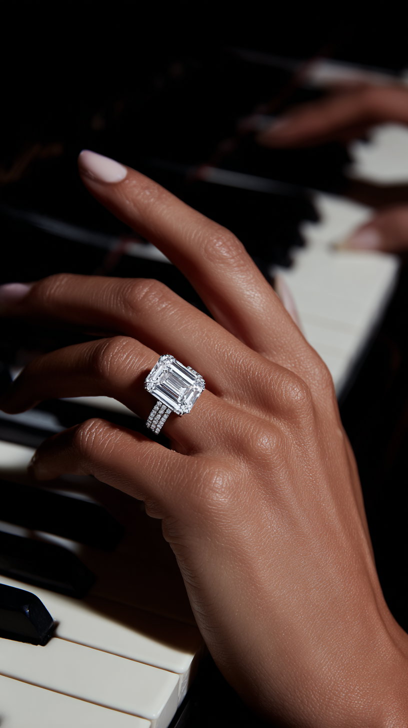 A close-up image of a hand with a large rectangular diamond ring on the ring finger, positioned over black and white piano keys