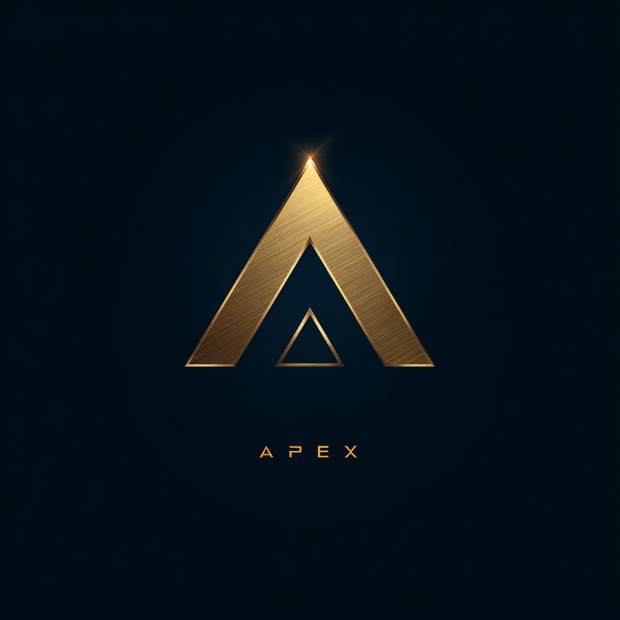 A dark background with a shiny gold stylized triangular logo above the word APEX in gold letters