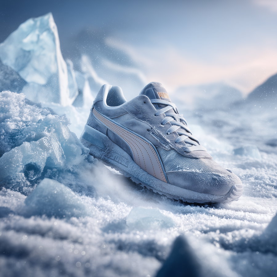 A light blue sneaker covered in frost and snow placed on a snowy, icy ground with ice formations in the background, under a cloudy sky.