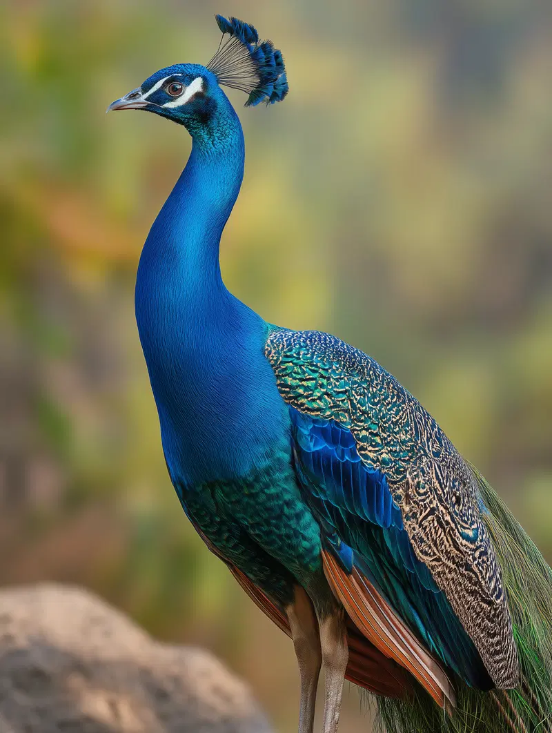 Close-up of a vibrant peacock showing detailed feathers and blue neck