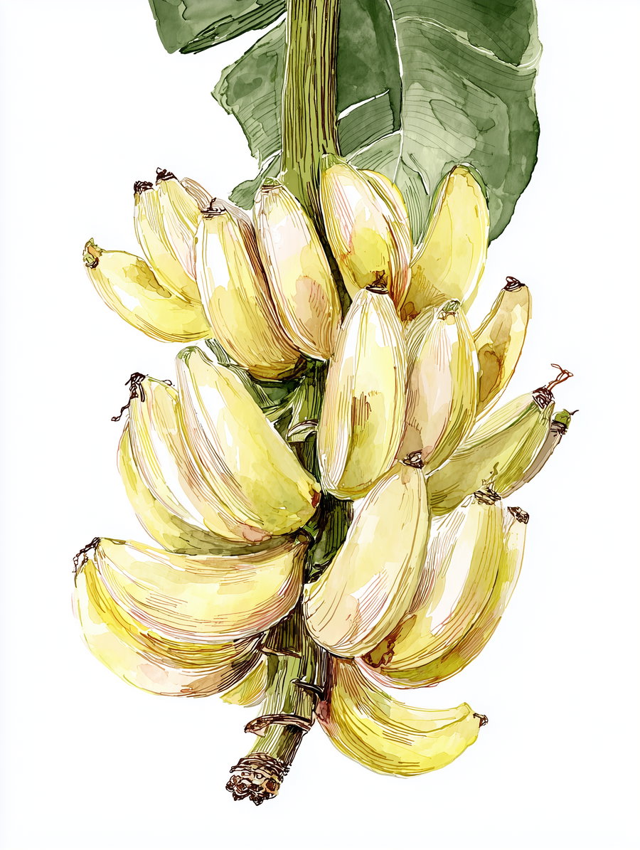 A detailed watercolor painting of a bunch of yellow bananas hanging from a green stem with large green leaves in the background
