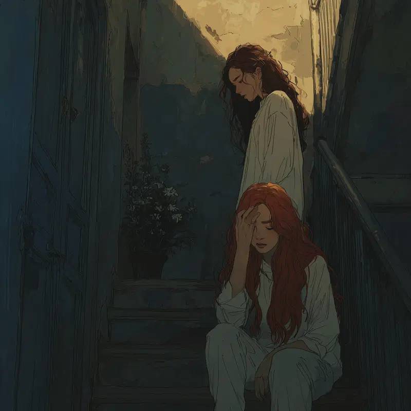 Emotional digital art of two women with long hair on moody stairway