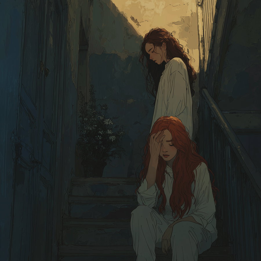 Digital artwork of two women with long red and brown hair wearing white clothes, sitting and standing on a dark, worn stairway with peeling walls and a flower pot, one woman sits holding her forehead looking distressed, the other stands with her eyes closed.