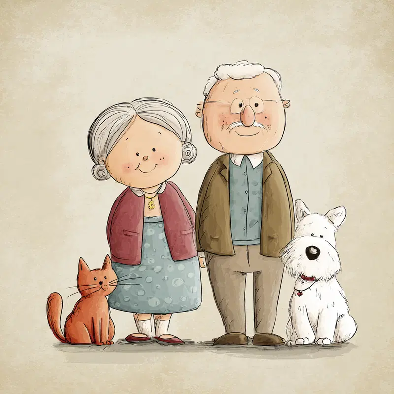 Whimsical illustration of elderly couple with a cat and a dog