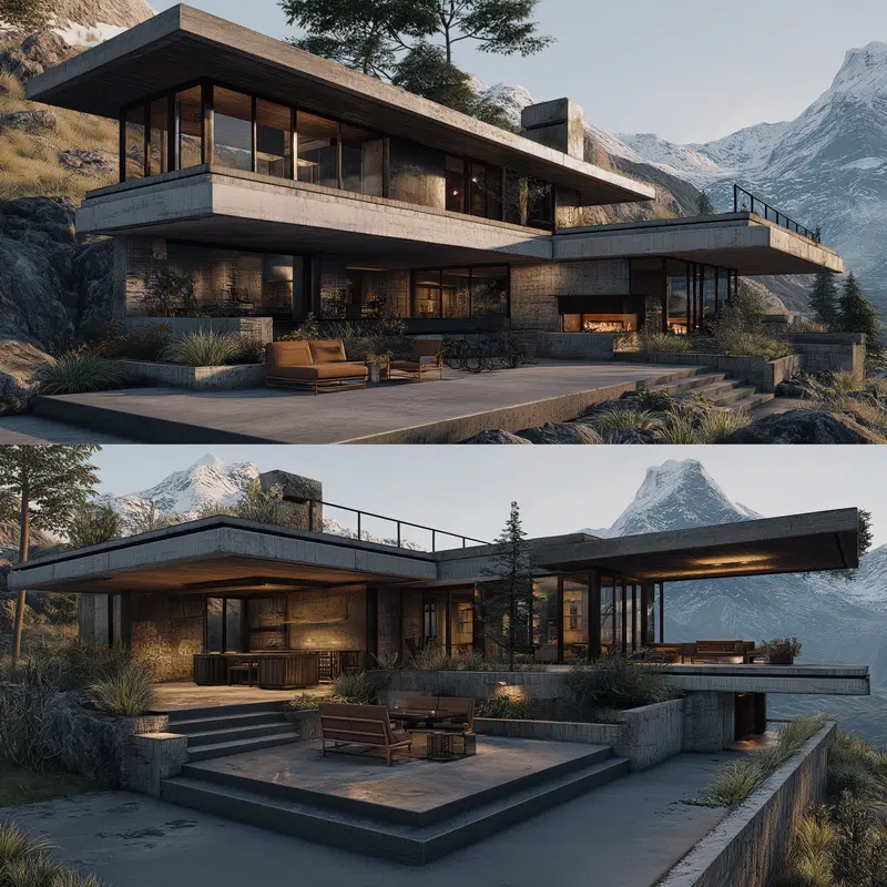 Modern concrete house with large glass windows and mountain scenery