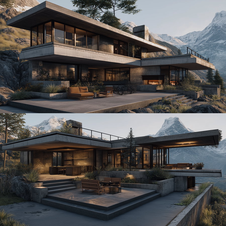Two views of a modern architectural house built with concrete and large glass windows, surrounded by grass and rocks, set against a backdrop of snow-capped mountains