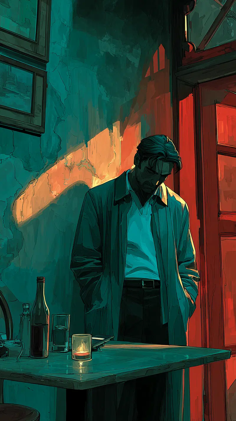 Digital art of a man standing pensively in a dimly lit room with warm and cool lighting