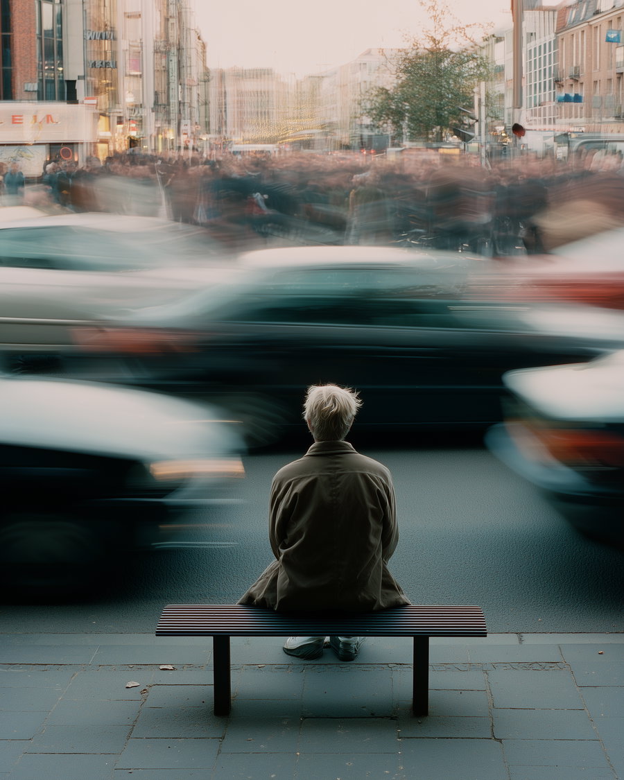 A person with short light hair wearing a jacket sits on a bench facing away, while cars and crowds move in blurred motion around them on a city street.