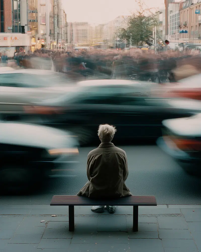 Emotional portrait of a person sitting on a bench amidst blurred moving traffic in a city