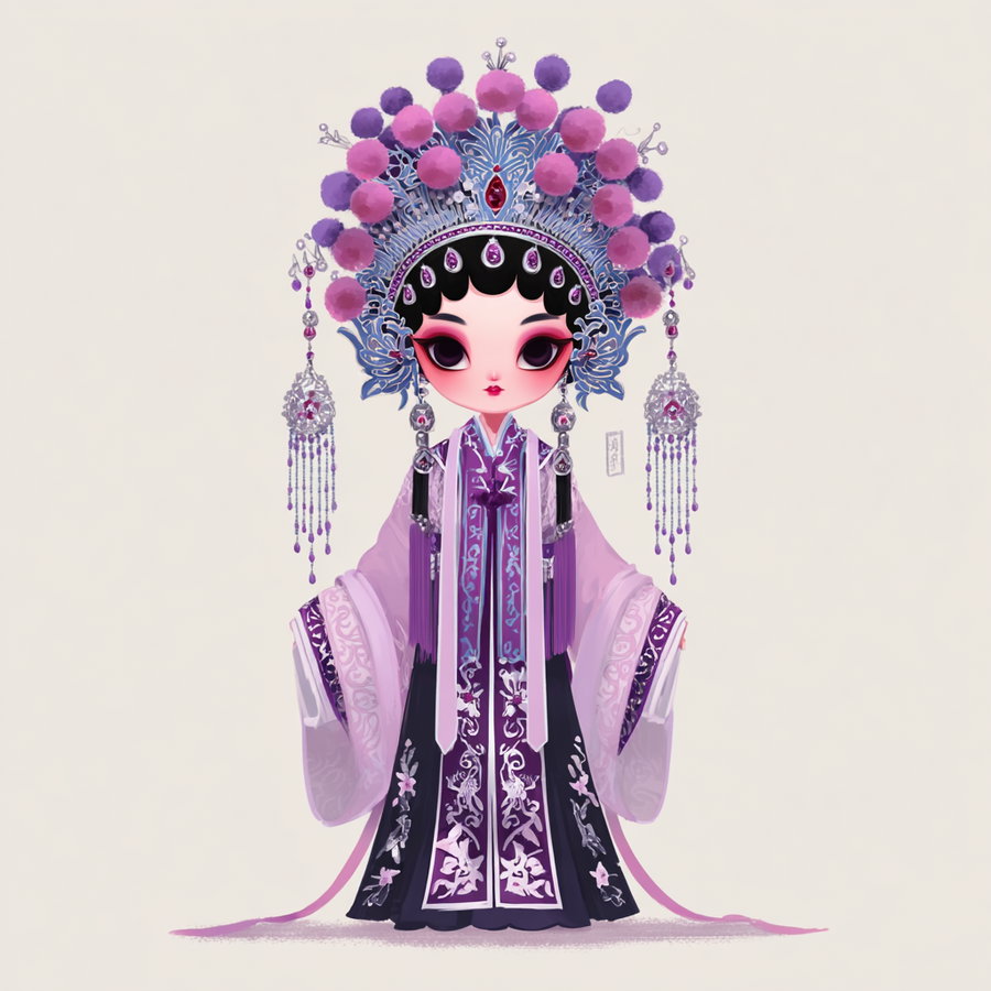 Illustration of a stylized woman wearing a detailed traditional costume with purple and pink tones and an ornate headdress featuring pom poms and hanging jewelry