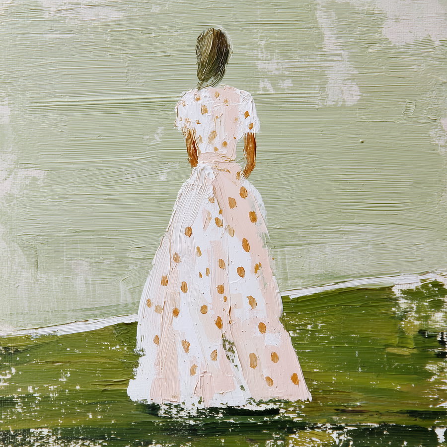 Impressionistic painting of a woman standing with her back facing the viewer, wearing a white and pink dress with brown polka dots, set against a textured olive green and beige background.