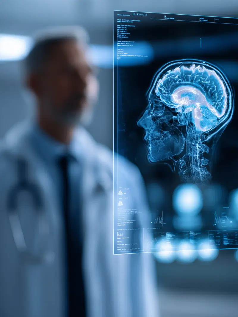 Digital illustration of a human brain scan with a doctor in background