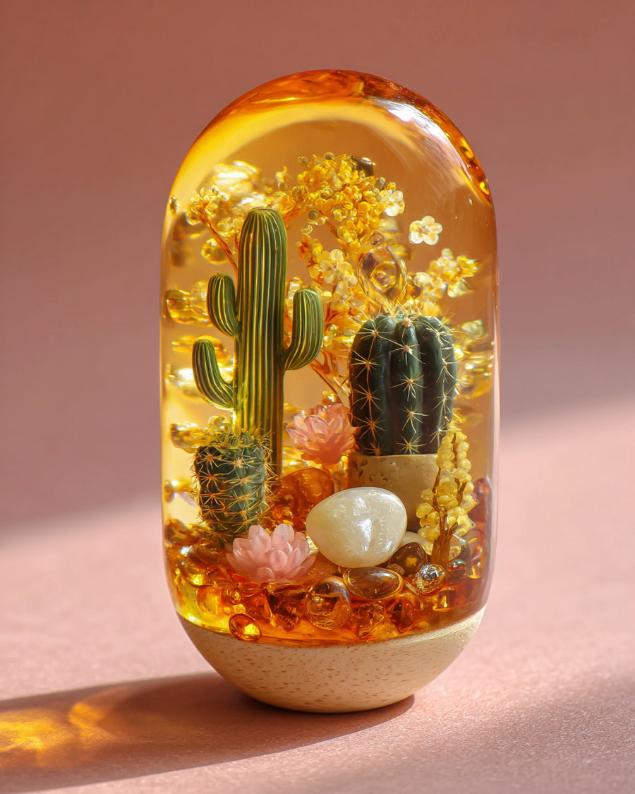 A decorative amber resin dome containing miniature green cacti, small pink flowers, yellow floral accents, and amber stones on a wooden base against a pink background