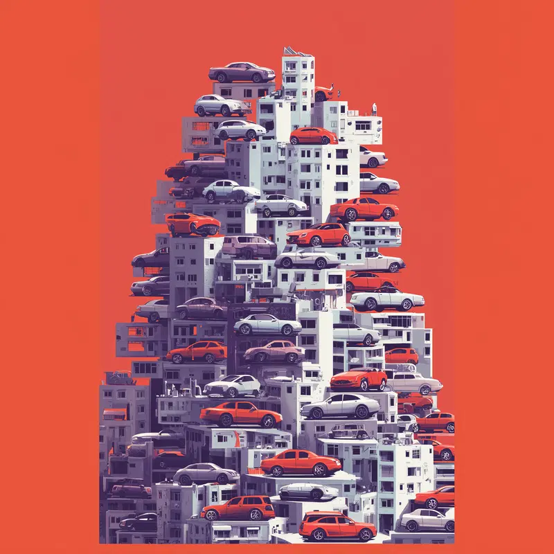 Conceptual digital artwork of stacked cars and buildings on a red background