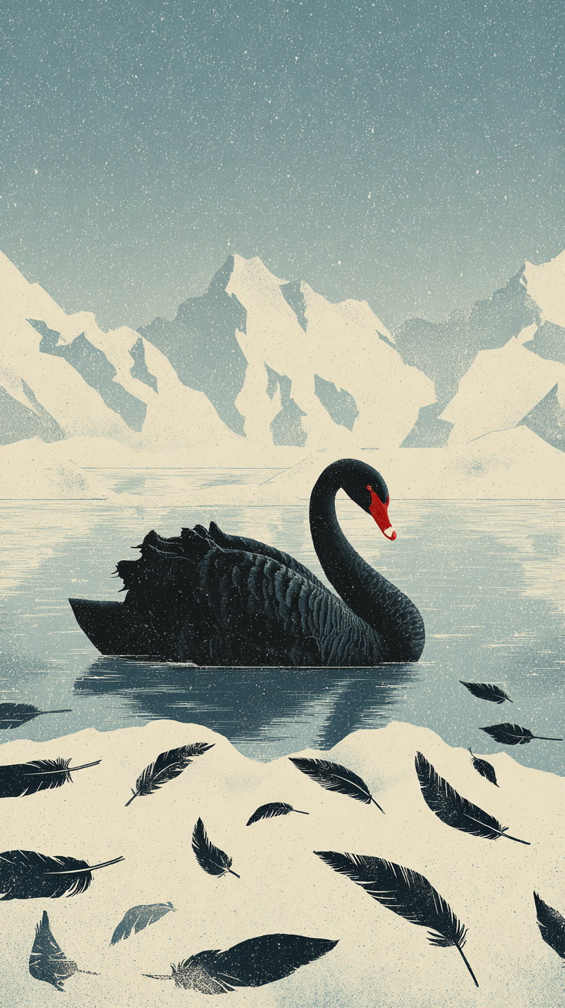 Black swan on a calm icy lake with snow and black feathers on the shore and snowy mountain range under a clear sky