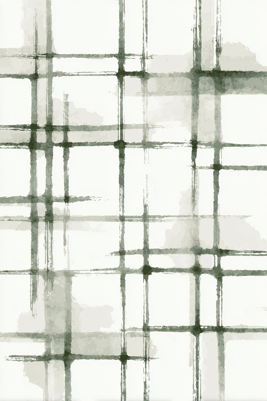 abstract artwork of vertical and horizontal brushstrokes intersecting in a grid pattern with green and gray watercolor shades on a white background