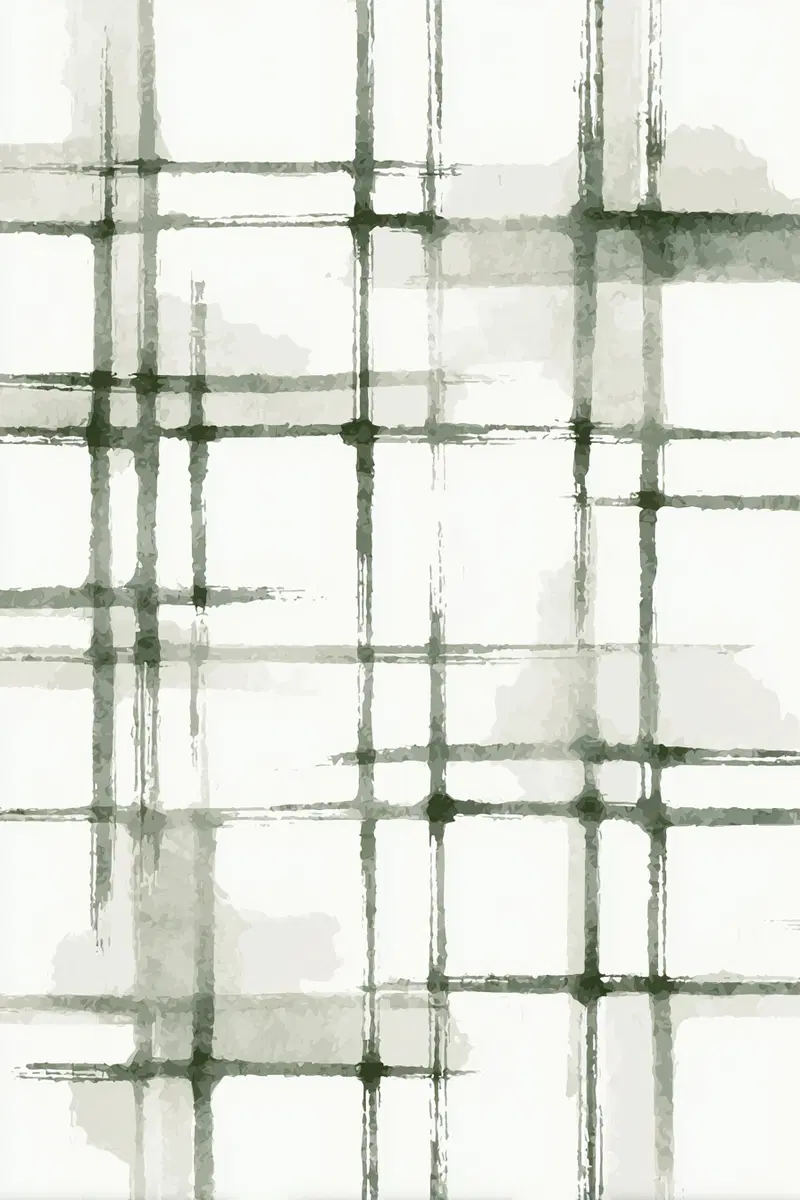 Abstract watercolor painting with green and gray intersecting lines in a plaid pattern