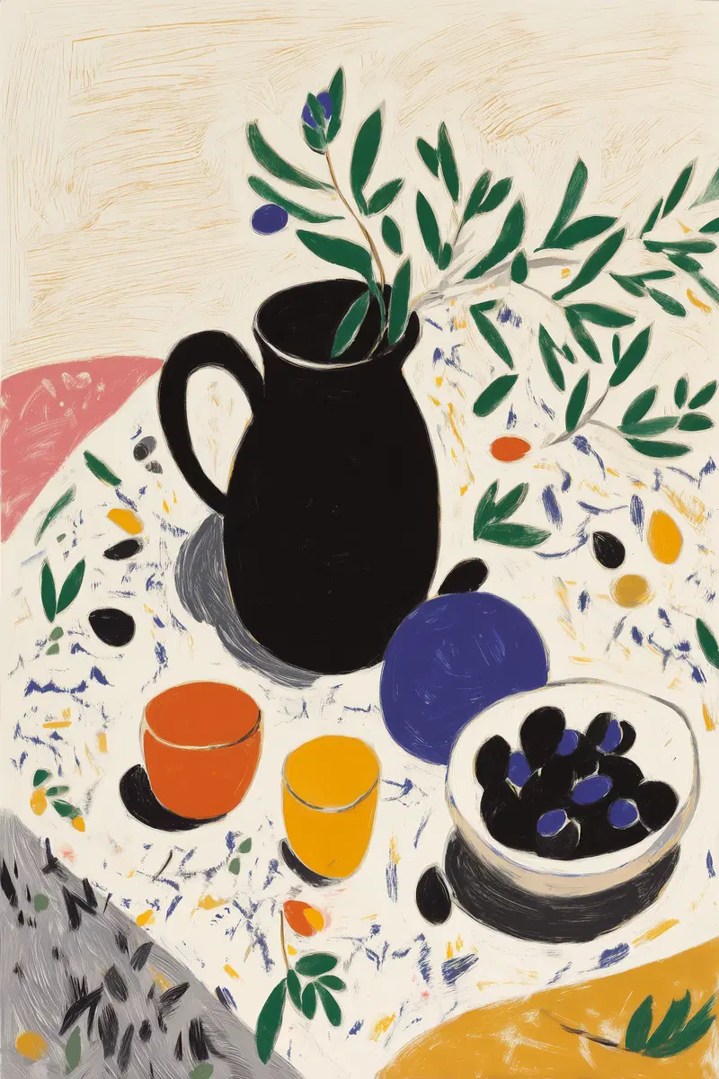 Still life painting of a black jug with leaves and colorful cups on a patterned tablecloth