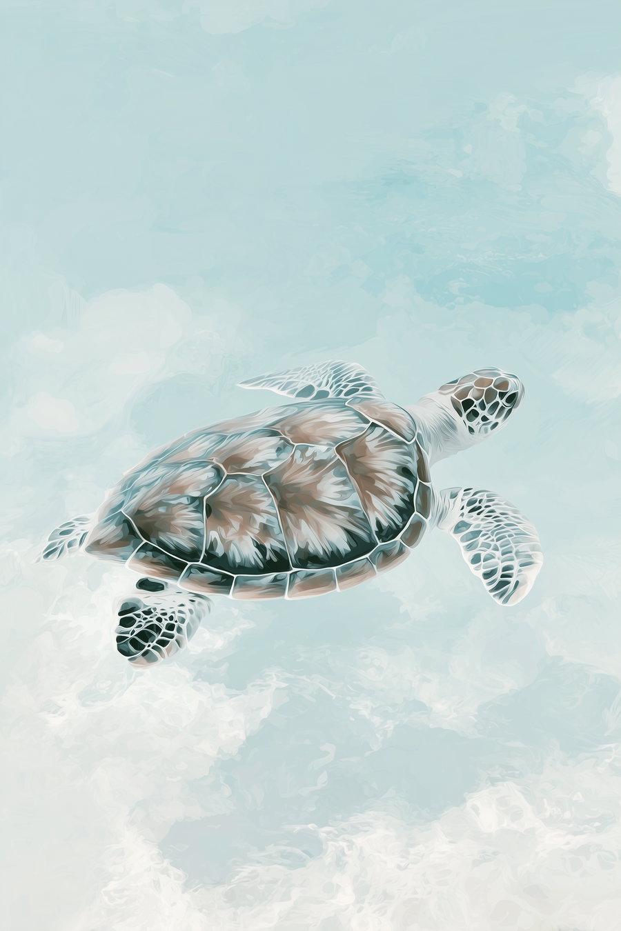 A digital artwork depicting a sea turtle swimming underwater with detailed markings on its shell and flippers against a light blue ocean background