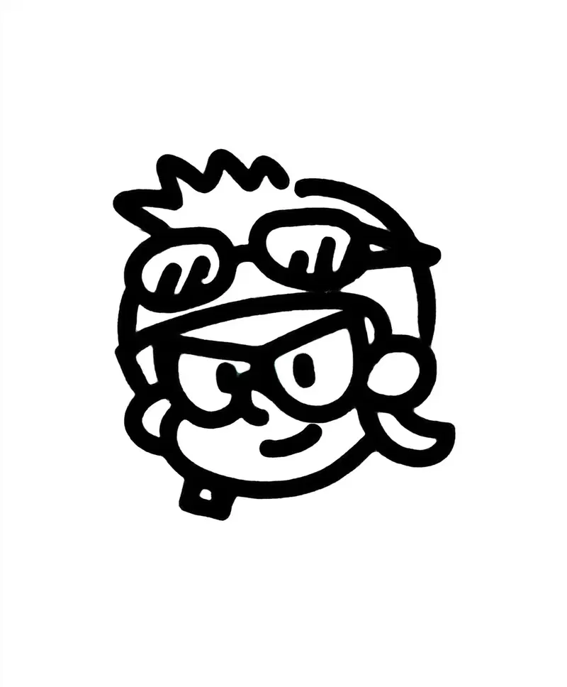 Black and white line drawing of a stylized cartoon character with glasses and spiky hair