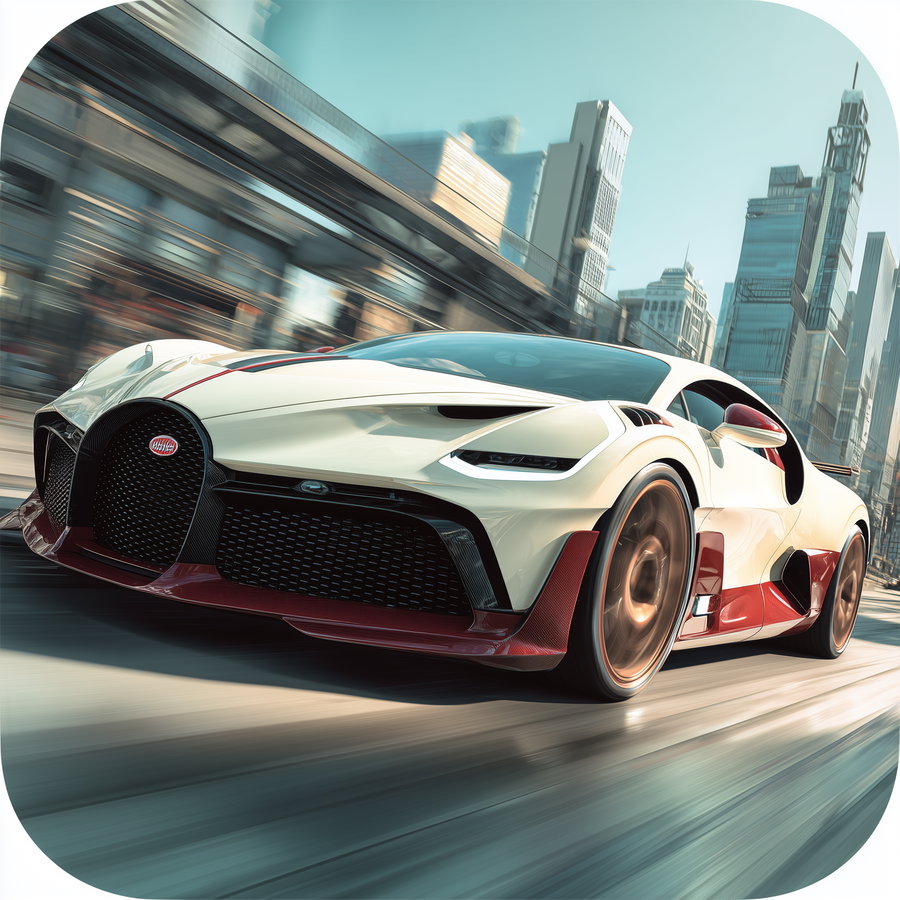 White and red sports car speeding on an urban road with skyscrapers in the background, with motion blur effects