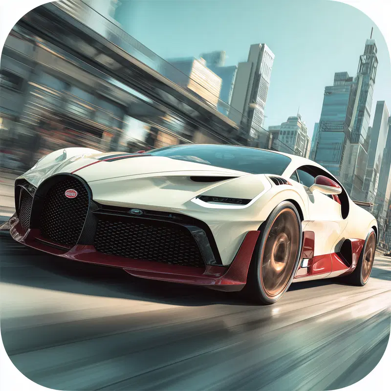 Dynamic close-up of a white and red sports car racing through a city street
